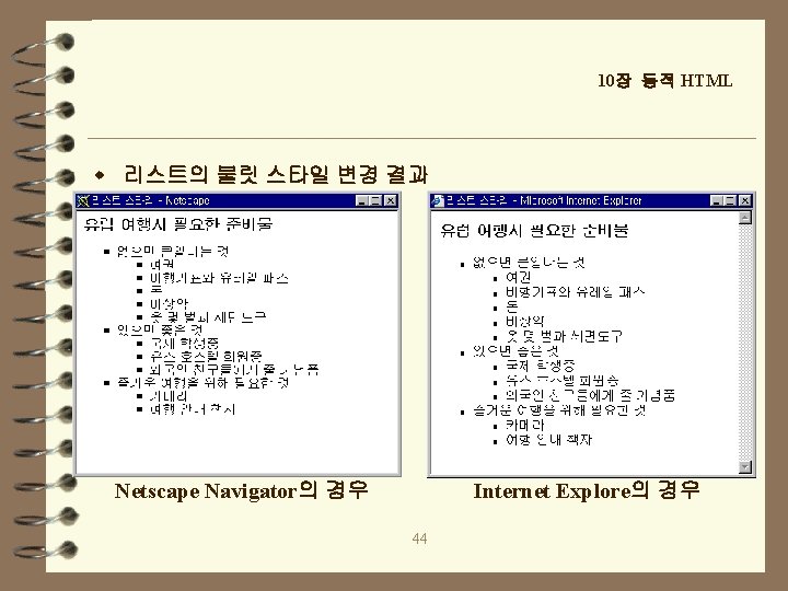 10장 동적 HTML w 리스트의 불릿 스타일 변경 결과 Netscape Navigator의 경우 Internet Explore의