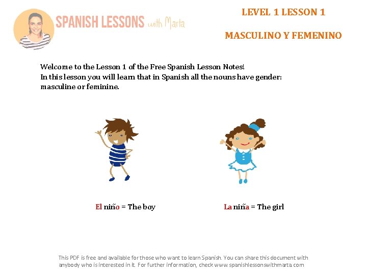 LEVEL 1 LESSON 1 MASCULINO Y FEMENINO Welcome to the Lesson 1 of the