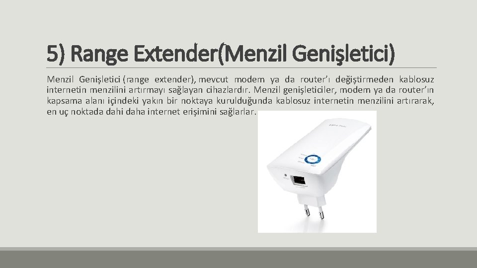 5) Range Extender(Menzil Genişletici) Menzil Genişletici (range extender), mevcut modem ya da router’ı değiştirmeden