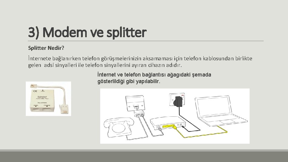 3) Modem ve splitter Splitter Nedir? İnternete bağlanırken telefon görüşmelerinizin aksamaması için telefon kablosundan