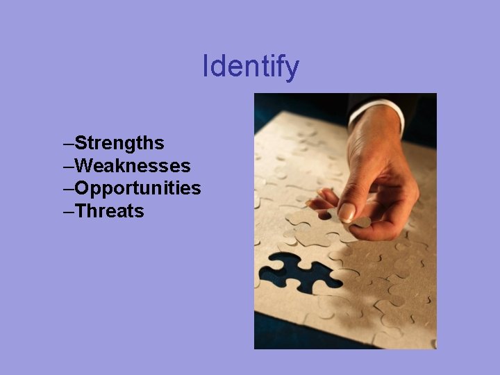 Identify –Strengths –Weaknesses –Opportunities –Threats 
