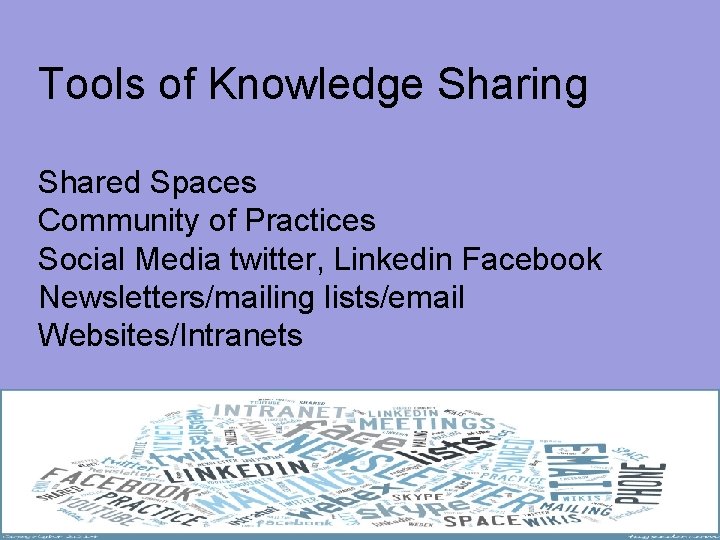 Tools of Knowledge Sharing Shared Spaces Community of Practices Social Media twitter, Linkedin Facebook