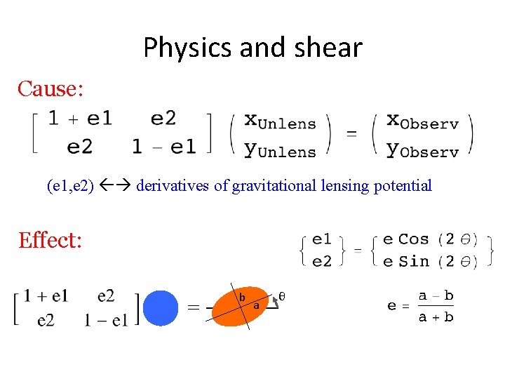 Physics and shear Cause: (e 1, e 2) derivatives of gravitational lensing potential Effect: