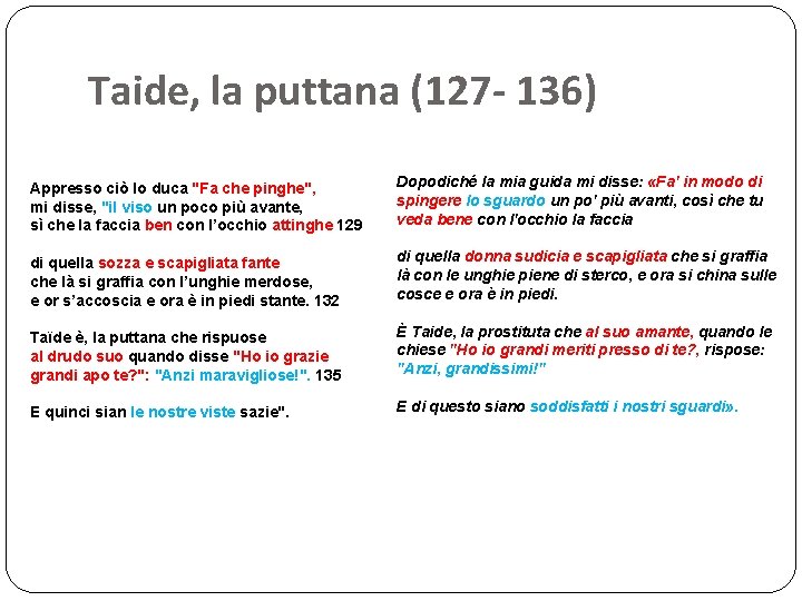 Taide, la puttana (127 - 136) Appresso ciò lo duca "Fa che pinghe", mi