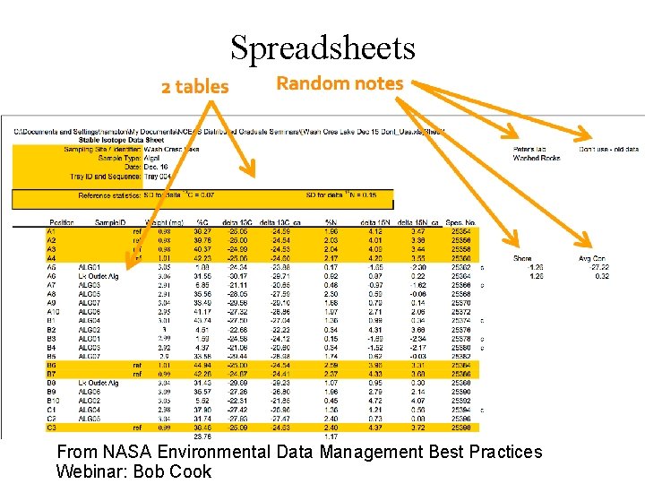 Spreadsheets From NASA Environmental Data Management Best Practices Webinar: Bob Cook 