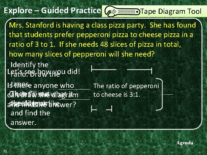 Explore – Guided Practice Tape Diagram Tool Mrs. Stanford is having a class pizza Explore – Guided Practice Tape Diagram Tool Mrs. Stanford is having a class pizza