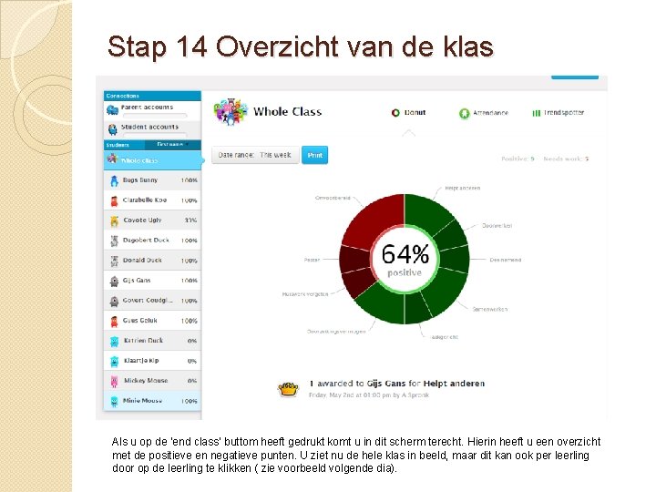 Stap 14 Overzicht van de klas Als u op de ‘end class’ buttom heeft