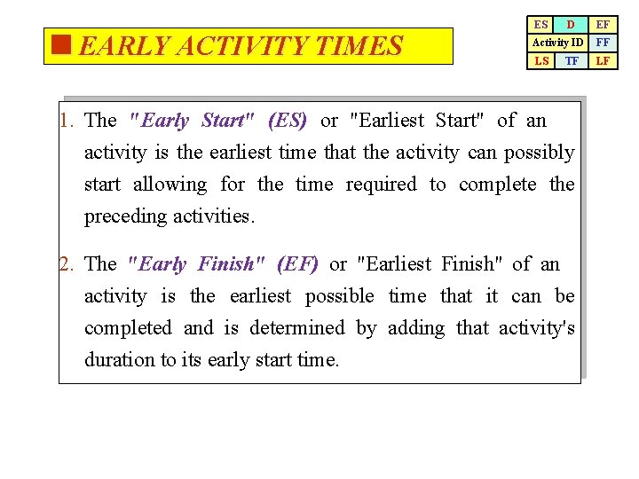 <EARLY ACTIVITY TIMES ES D EF Activity ID FF LS LF TF 1. The