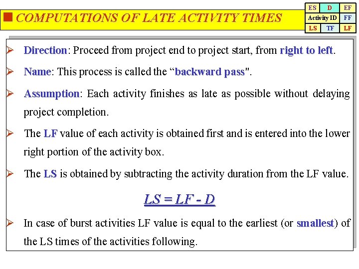 <COMPUTATIONS OF LATE ACTIVITY TIMES ES D EF Activity ID FF LS LF TF