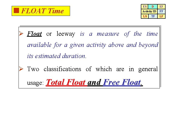 <FLOAT Time ES D EF Activity ID FF LS LF TF Ø Float or