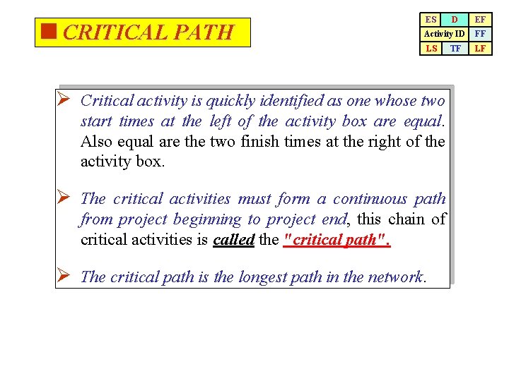 <CRITICAL PATH ES D EF Activity ID FF LS LF Ø Critical activity is