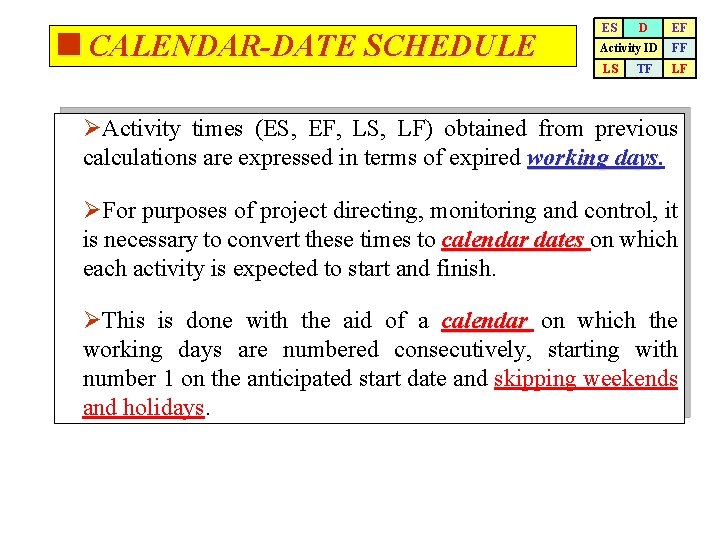 <CALENDAR-DATE SCHEDULE ES D EF Activity ID FF LS LF TF ØActivity times (ES,