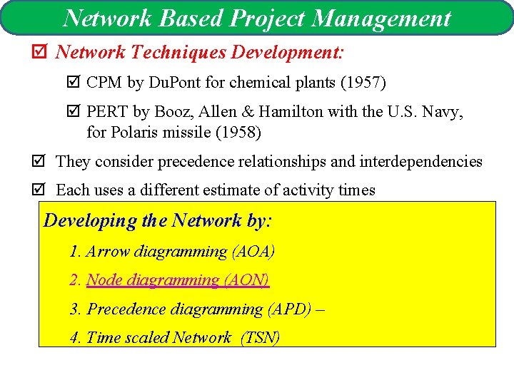 Network Based Project Management þ Network Techniques Development: þ CPM by Du. Pont for