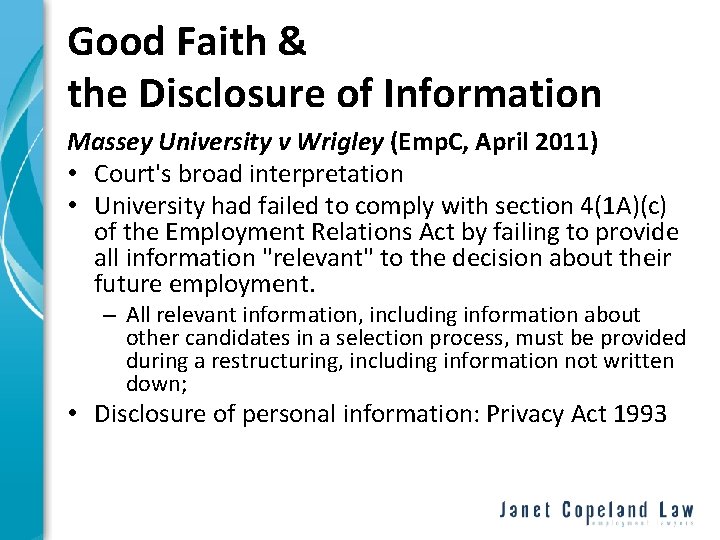 Good Faith & the Disclosure of Information Massey University v Wrigley (Emp. C, April