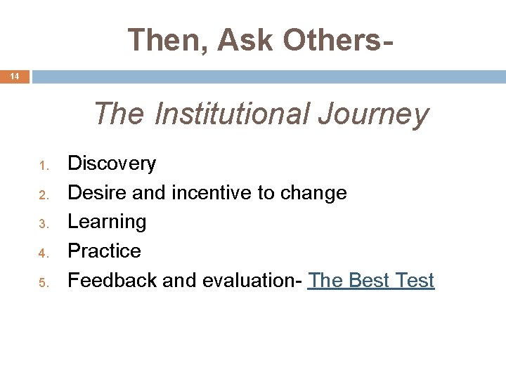 Then, Ask Others 14 The Institutional Journey 1. 2. 3. 4. 5. Discovery Desire