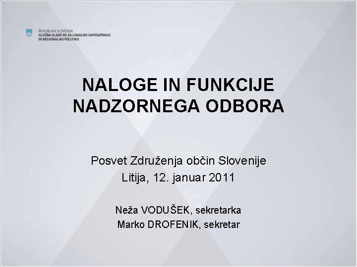 NALOGE IN FUNKCIJE NADZORNEGA ODBORA Posvet Združenja občin Slovenije Litija, 12. januar 2011 Neža