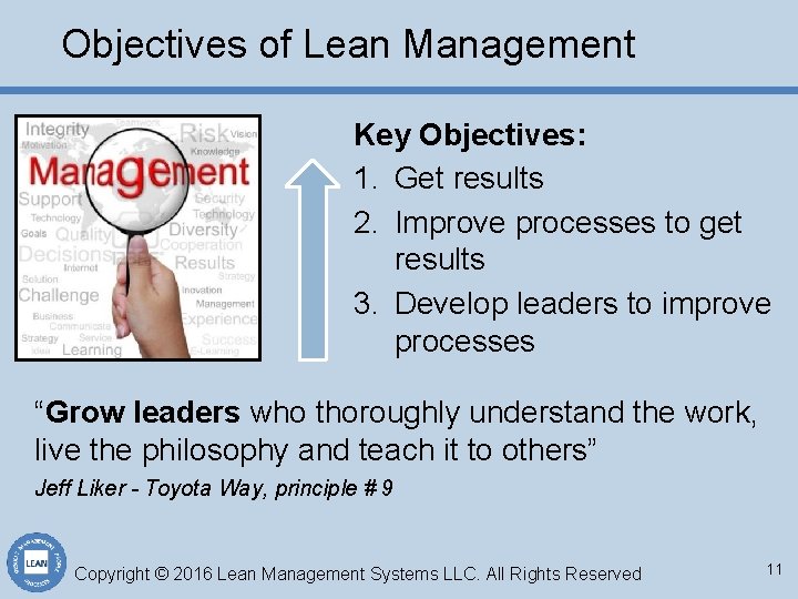 Objectives of Lean Management Key Objectives: 1. Get results 2. Improve processes to get