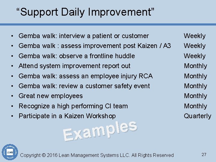 “Support Daily Improvement” • • • Gemba walk: interview a patient or customer Weekly