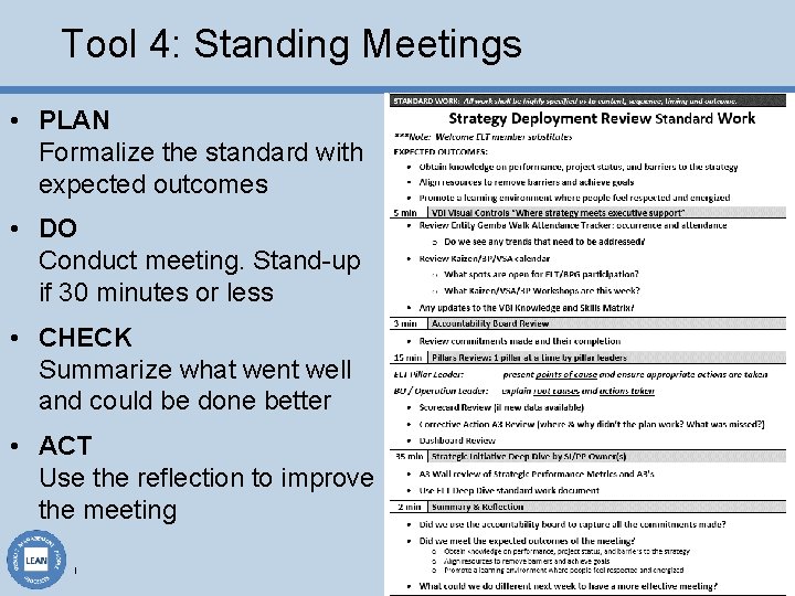 Tool 4: Standing Meetings • PLAN Formalize the standard with expected outcomes • DO