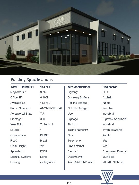 Building Specifications Total Building SF: 113, 750 Air Conditioning: Engineered Mfg/Whs SF: 90% Lighting:
