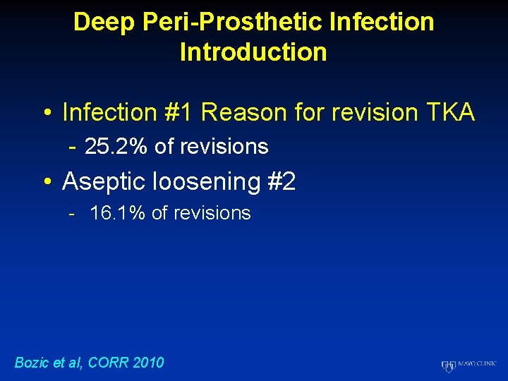 Deep Peri-Prosthetic Infection Introduction • Infection #1 Reason for revision TKA - 25. 2%