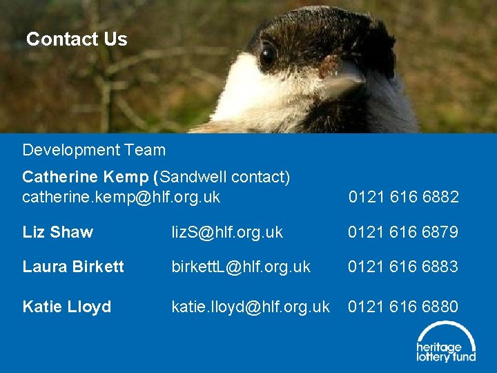 Contact Us Development Team Catherine Kemp (Sandwell contact) catherine. kemp@hlf. org. uk 0121 616