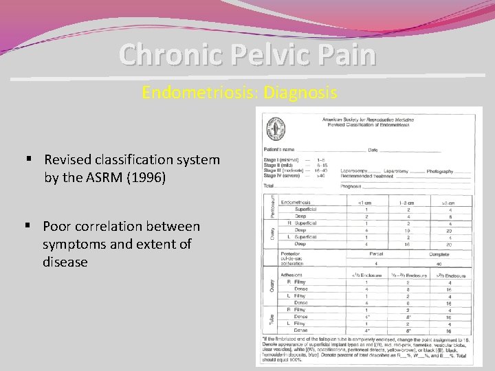 Chronic Pelvic Pain Endometriosis: Diagnosis § Revised classification system by the ASRM (1996) § Chronic Pelvic Pain Endometriosis: Diagnosis § Revised classification system by the ASRM (1996) §
