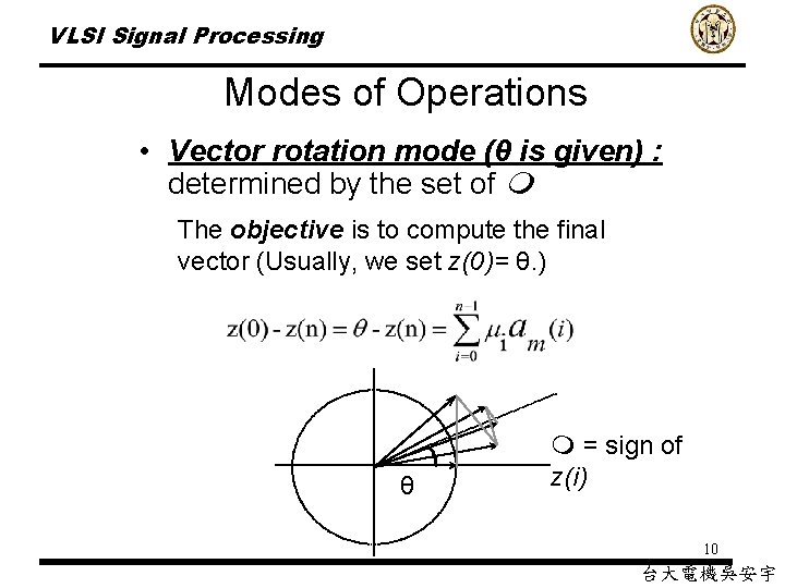 VLSI Signal Processing Modes of Operations • Vector rotation mode (θ is given) :