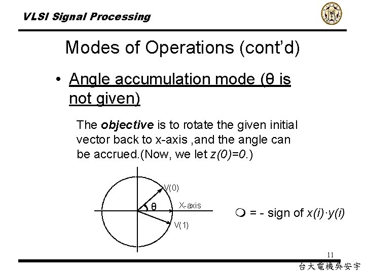 VLSI Signal Processing Modes of Operations (cont’d) • Angle accumulation mode (θ is not