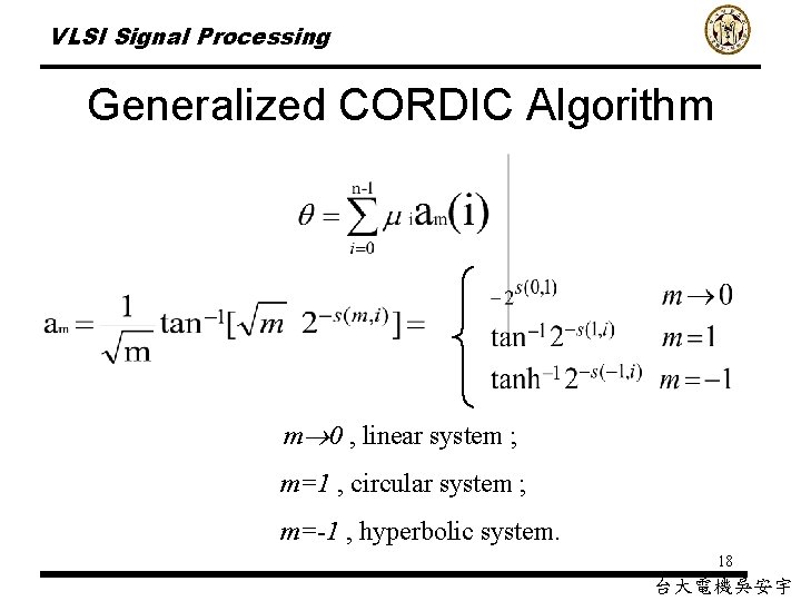 VLSI Signal Processing Generalized CORDIC Algorithm m 0 , linear system ; m=1 ,