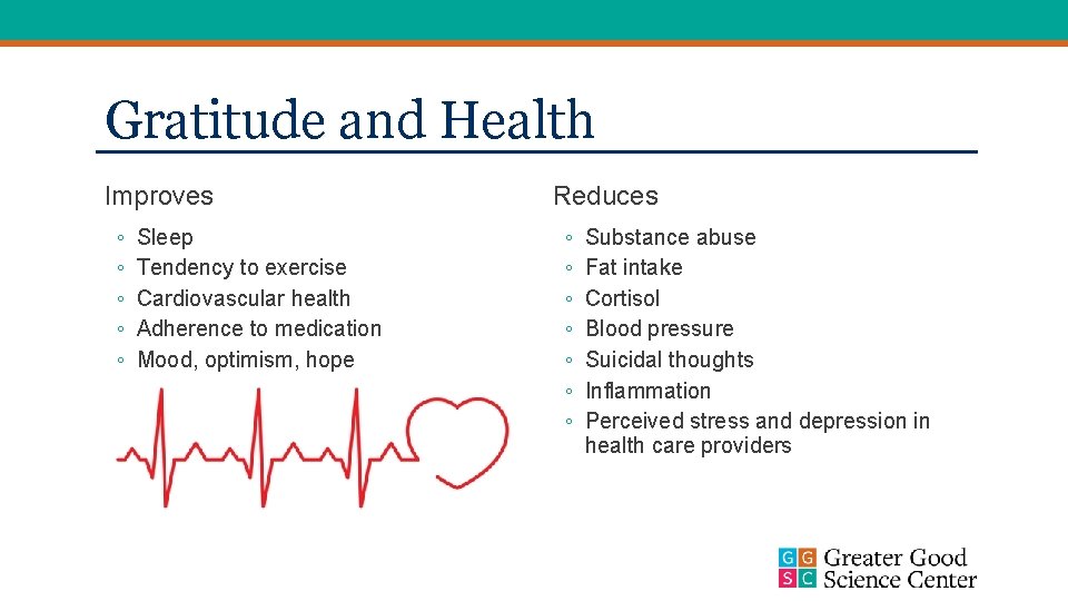 Gratitude and Health Improves ◦ ◦ ◦ Sleep Tendency to exercise Cardiovascular health Adherence