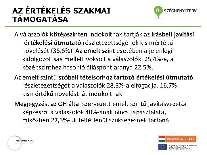 AZ ÉRTÉKELÉS SZAKMAI TÁMOGATÁSA A válaszolók középszinten indokoltnak tartják az írásbeli javítási -értékelési útmutató