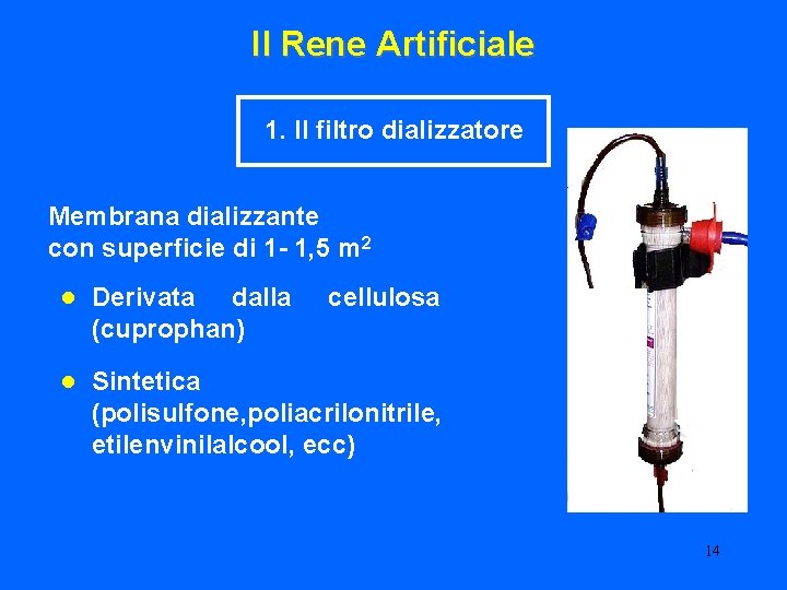 Il Rene Artificiale 1. Il filtro dializzatore Membrana dializzante con superficie di 1 -