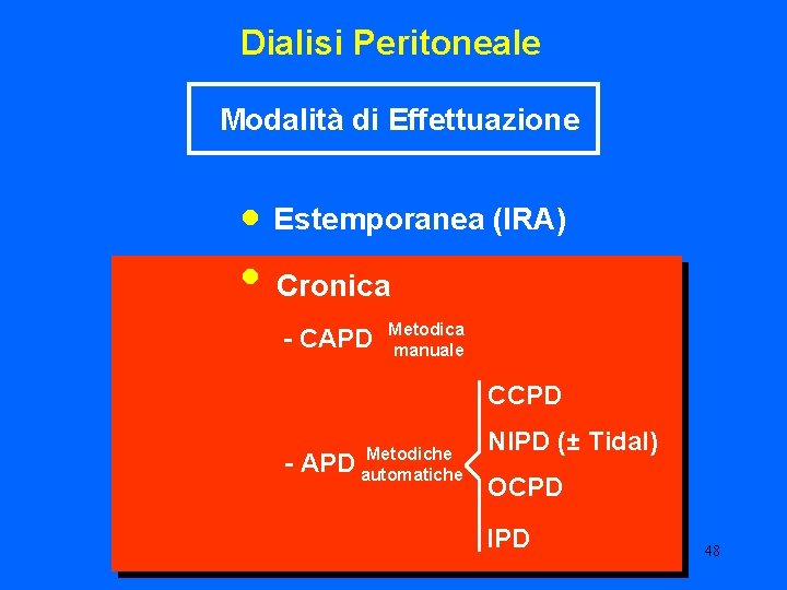 Dialisi Peritoneale Modalità di Effettuazione • Estemporanea (IRA) • Cronica - CAPD Metodica manuale