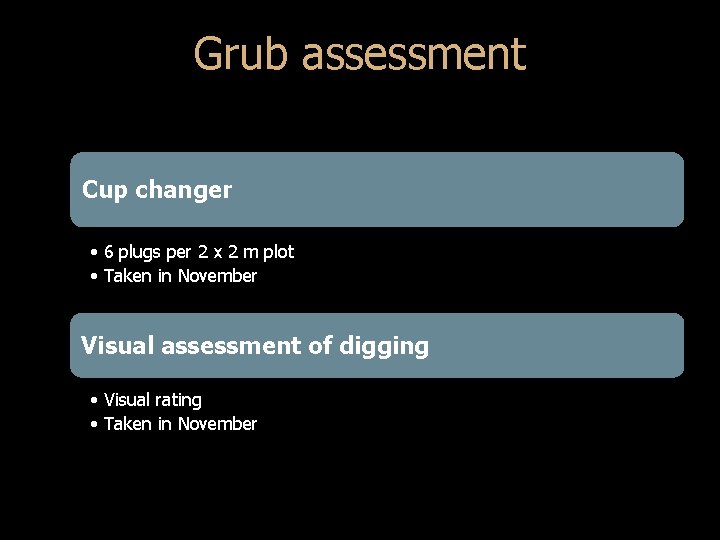 Grub assessment Cup changer • 6 plugs per 2 x 2 m plot •