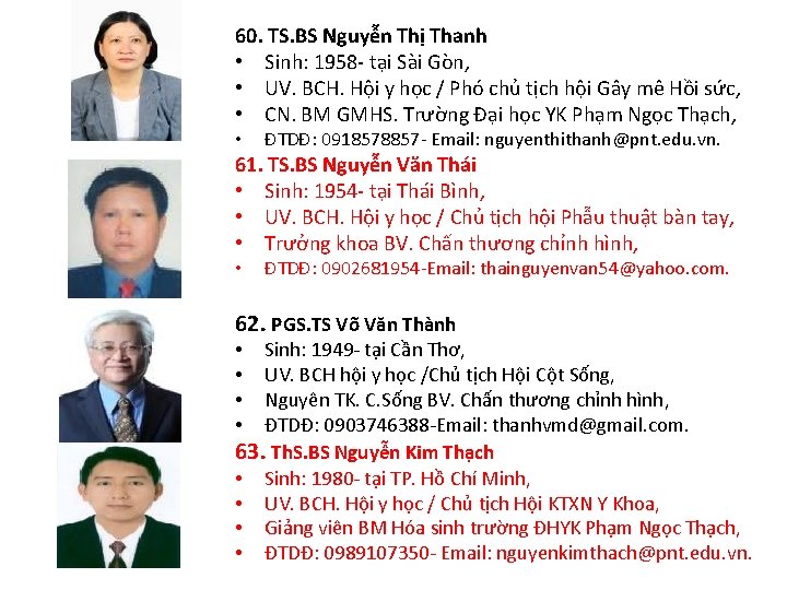 60. TS. BS Nguyễn Thị Thanh • Sinh: 1958 - tại Sài Gòn, •