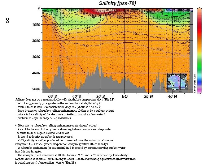 8 Salinity does not vary monotonically with depth, like temperature does (Fig 11) -salinities,