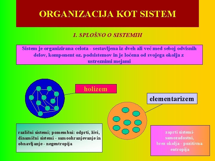 ORGANIZACIJA KOT SISTEM 1. SPLOŠNO O SISTEMIH Sistem je organizirana celota - sestavljena iz