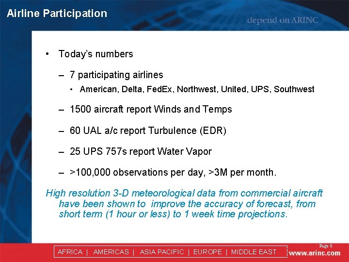 Airline Participation • Today’s numbers – 7 participating airlines • American, Delta, Fed. Ex,