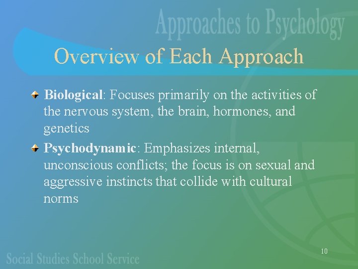 Overview of Each Approach Biological: Focuses primarily on the activities of the nervous system,