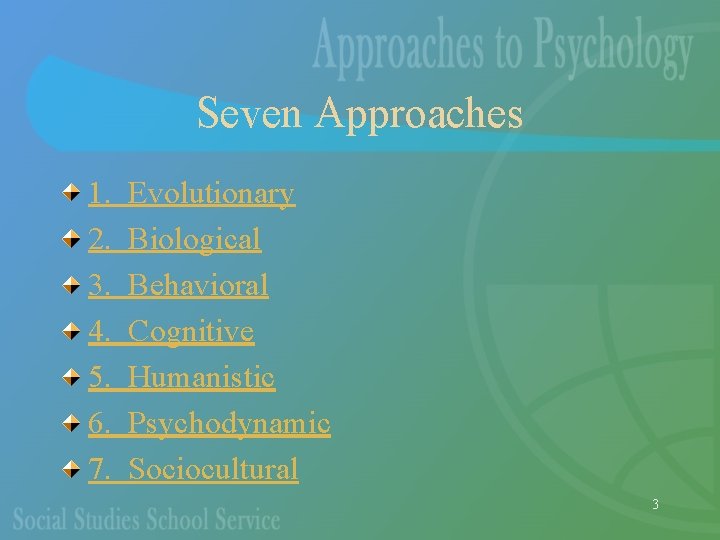 Seven Approaches 1. 2. 3. 4. 5. 6. 7. Evolutionary Biological Behavioral Cognitive Humanistic