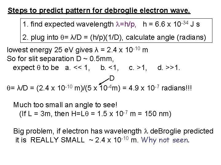 Steps to predict pattern for debroglie electron wave. 1. find expected wavelength =h/p, h