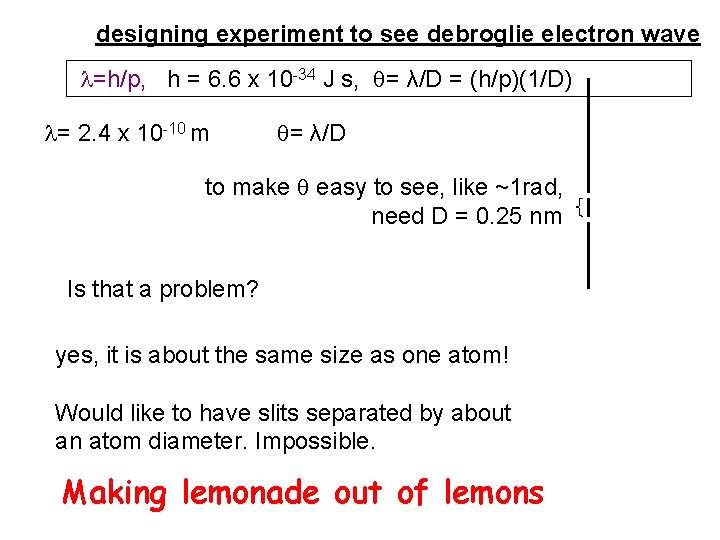 designing experiment to see debroglie electron wave =h/p, h = 6. 6 x 10