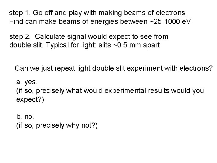 step 1. Go off and play with making beams of electrons. Find can make step 1. Go off and play with making beams of electrons. Find can make