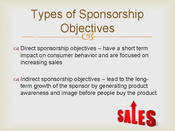 Types of Sponsorship Objectives Direct sponsorship objectives – have a short term impact on Types of Sponsorship Objectives Direct sponsorship objectives – have a short term impact on