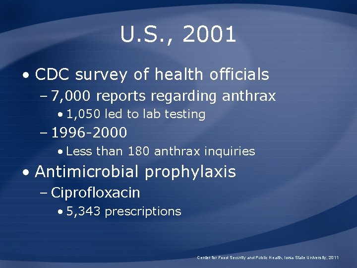 U. S. , 2001 • CDC survey of health officials – 7, 000 reports