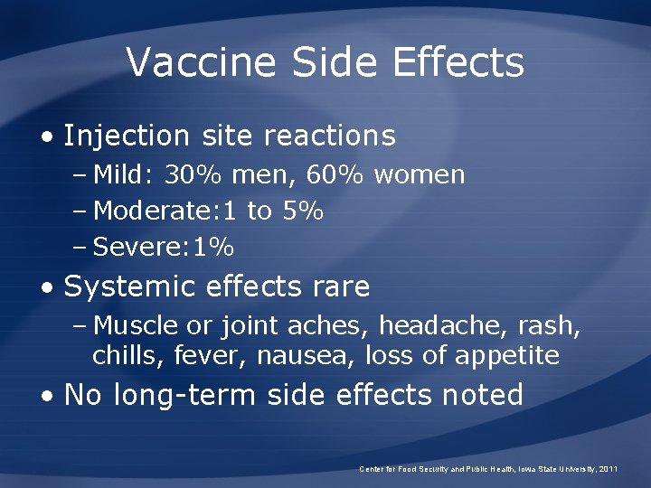 Vaccine Side Effects • Injection site reactions – Mild: 30% men, 60% women –