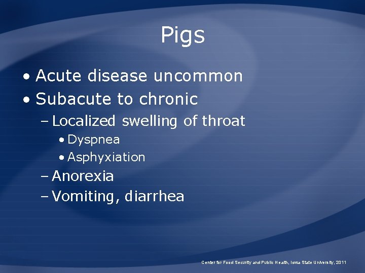Pigs • Acute disease uncommon • Subacute to chronic – Localized swelling of throat