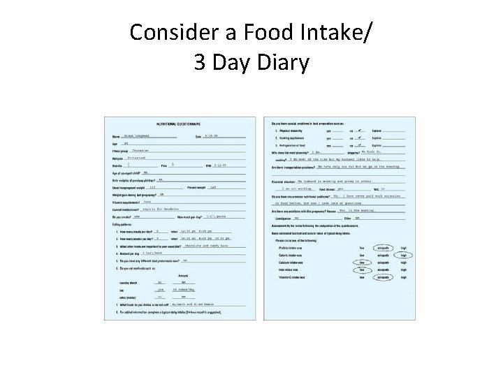 Consider a Food Intake/ 3 Day Diary 