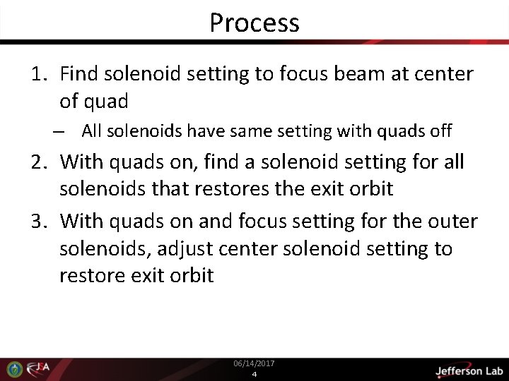 Process 1. Find solenoid setting to focus beam at center of quad – All